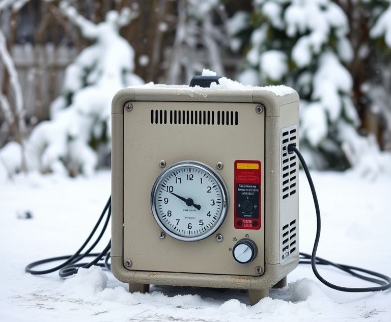 A block heater with a timer set against a snowy backdrop.