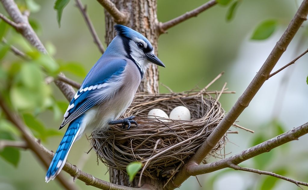 A blue jay perched near a nest with eggs in a tree.