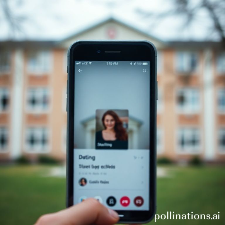 Layar ponsel menunjukkan aplikasi kencan dengan latar sekolah, merefleksikan isu etika digital dan komunikasi di lingkungan pendidikan.