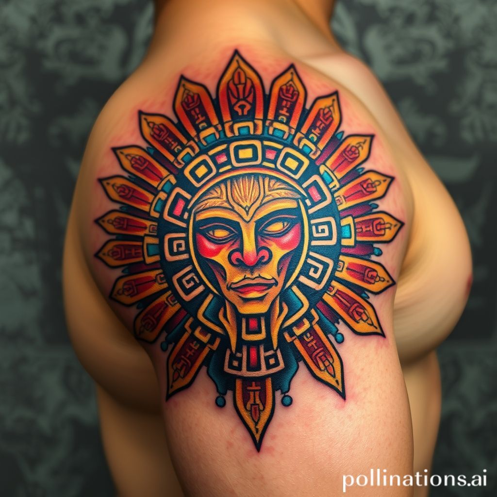 A bold, intricate shoulder tattoo depicting the Mayan Sun God, blending traditional Mesoamerican art with realistic shading. Central focus on the deity's ornate headdress with geometric patterns, surrounded by radiating sunbeams and Mayan glyphs. Design wraps around the shoulder and upper arm, scaled to fit the body's contours. Rich color palette of golds, deep reds, and blacks, with subtle turquoise accents for contrast. Intricate textures mimic stone carvings, adding depth. Symbolizes power, vitality, and cosmic order. Overall aesthetic: mystical, regal, and timeless