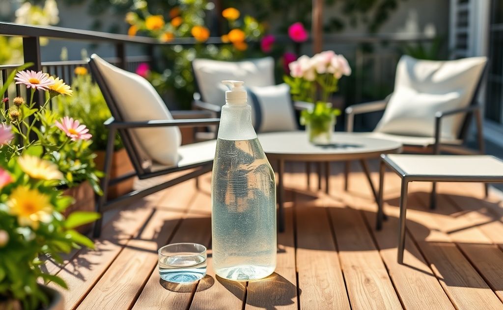 A bottle of cleaning solution next to outdoor patio furniture.