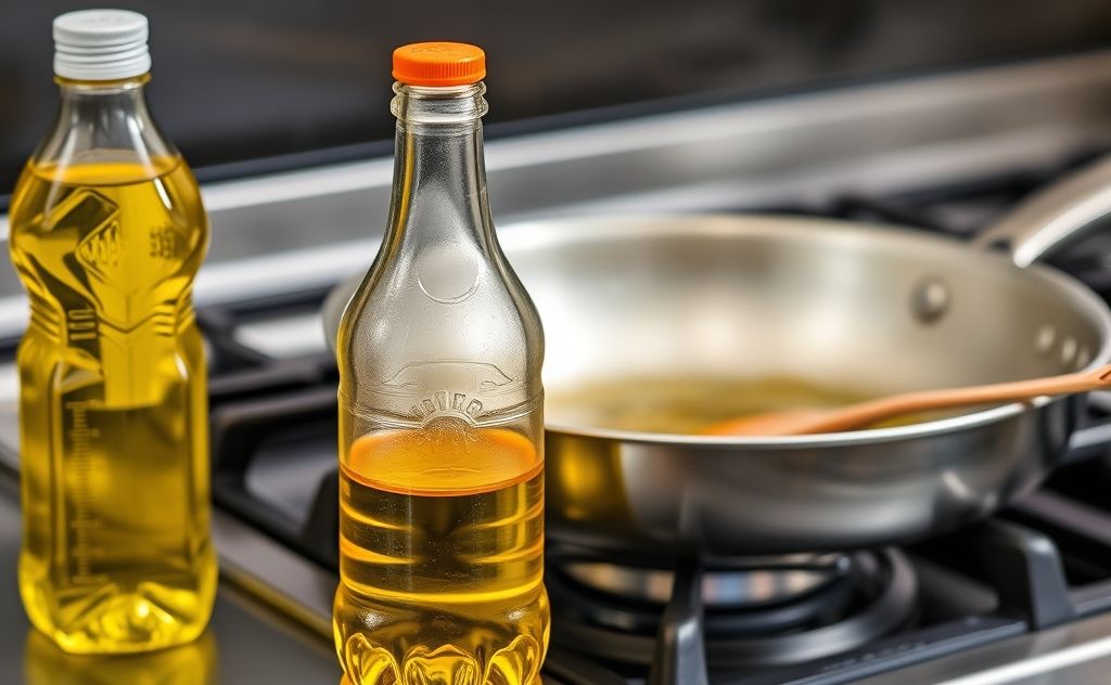 A bottle of cooking oil next to a frying pan on a stove.