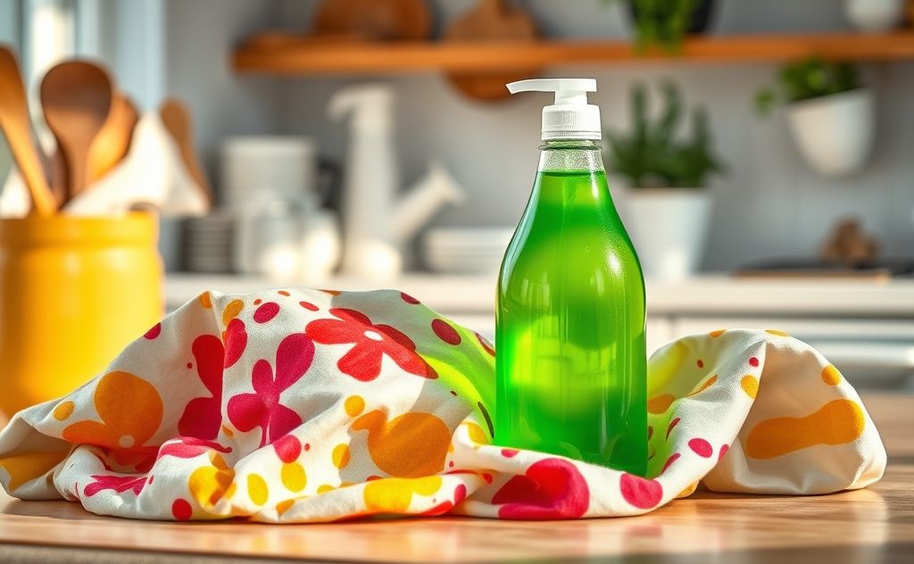 A bottle of dish soap next to a stained piece of clothing.