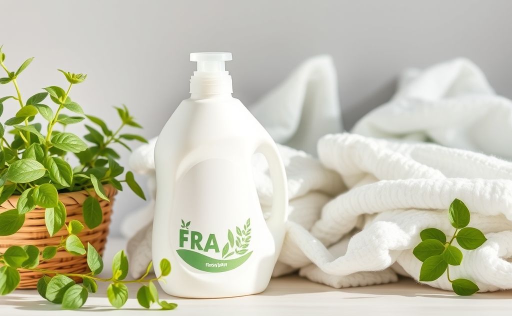 A bottle of eco-friendly detergent next to fresh laundry and plants.