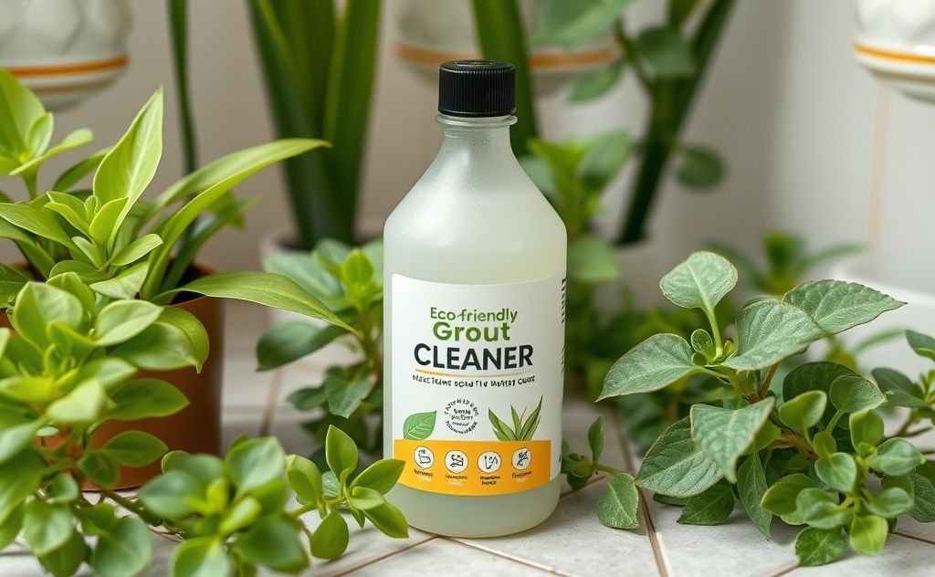 A bottle of eco-friendly grout cleaner surrounded by green plants.