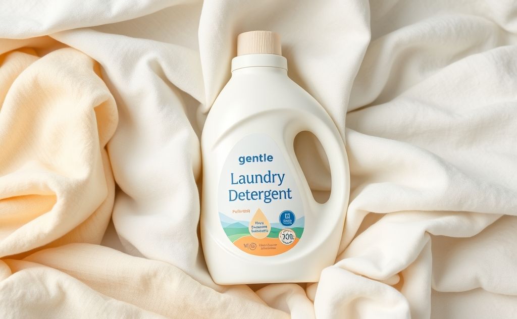 A bottle of gentle laundry detergent surrounded by soft fabrics.