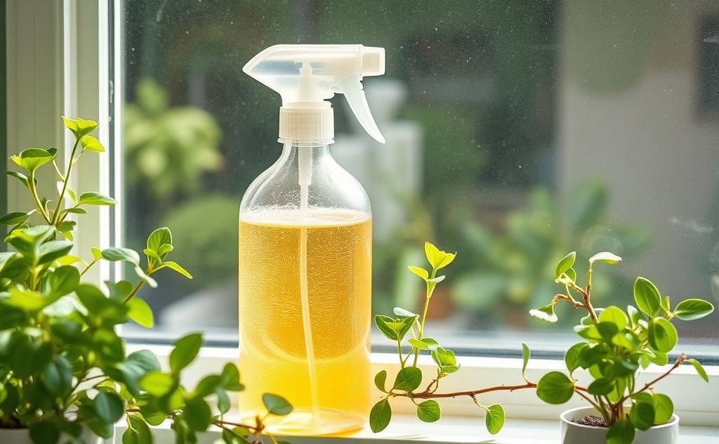 A bottle of homemade eco-friendly window cleaner with green plants.