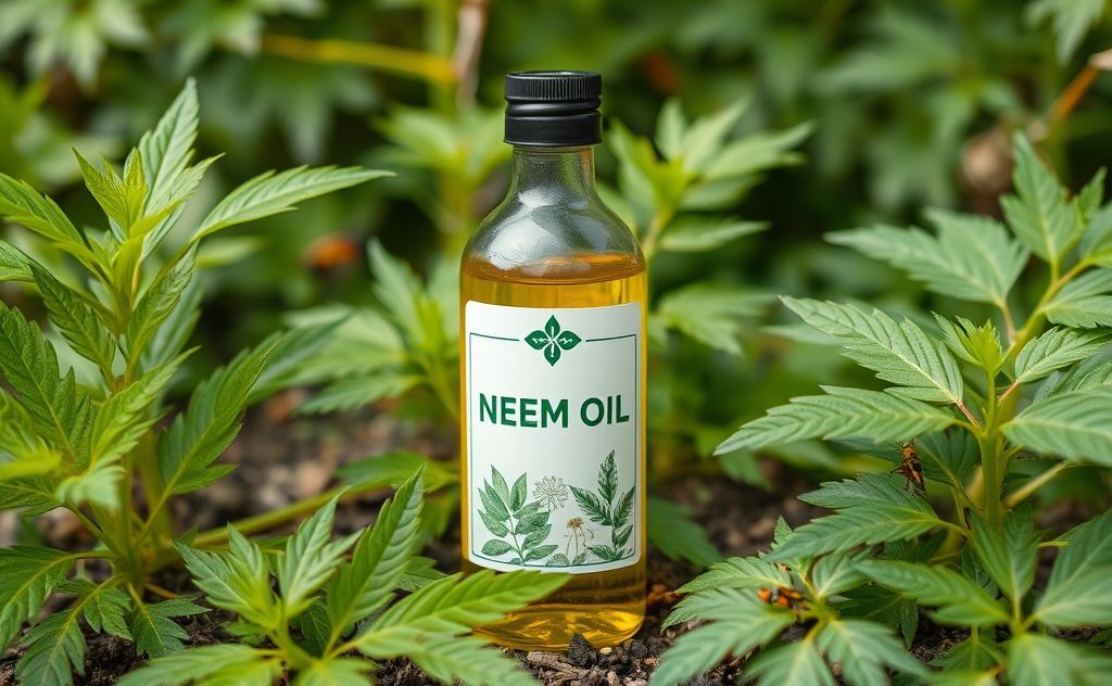 A bottle of neem oil surrounded by healthy plants and pests.