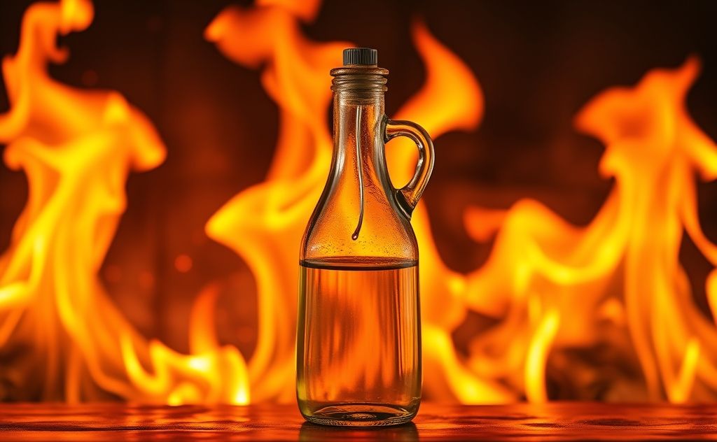 A bottle of oil with a flame backdrop representing high heat cooking.