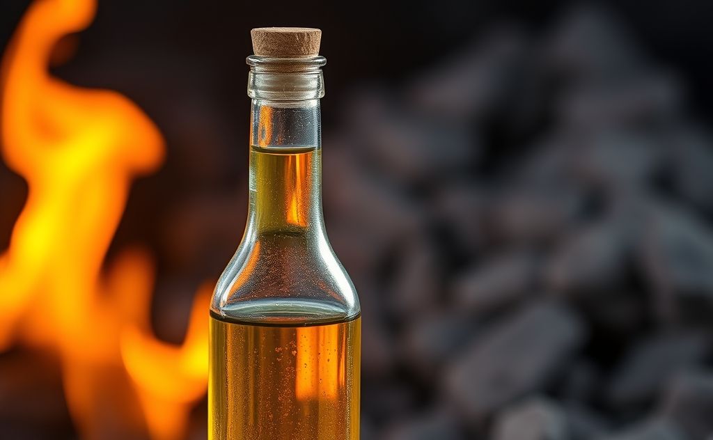 A bottle of oil with flames in the background to signify high heat cooking.