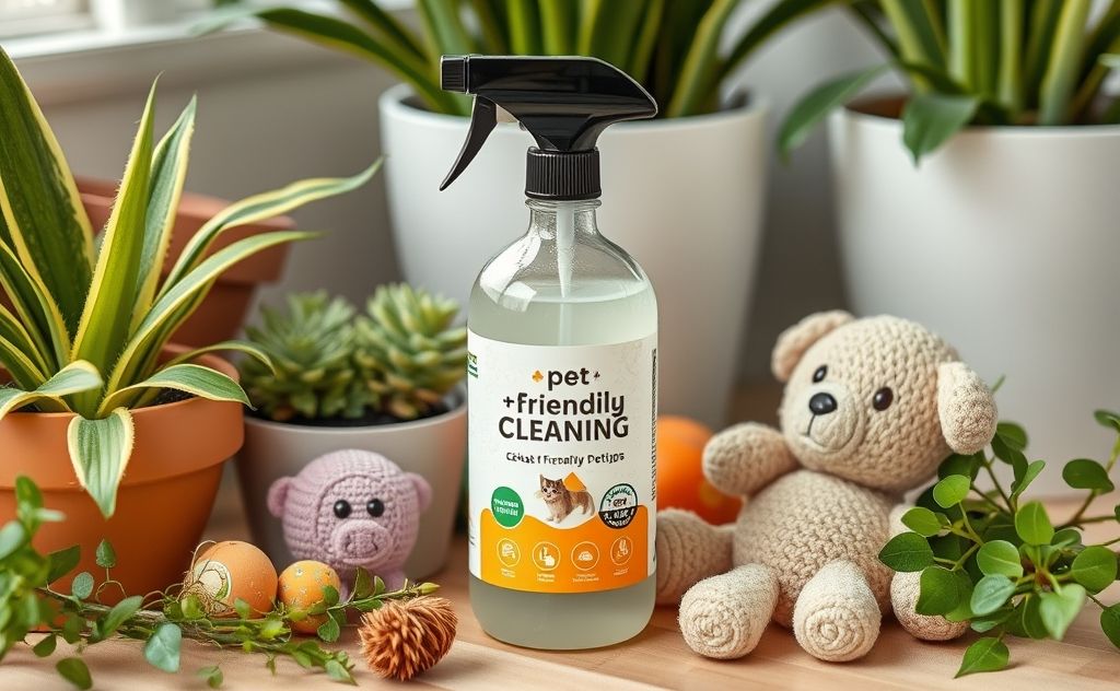 A bottle of pet-friendly cleaning product surrounded by plants and toys.