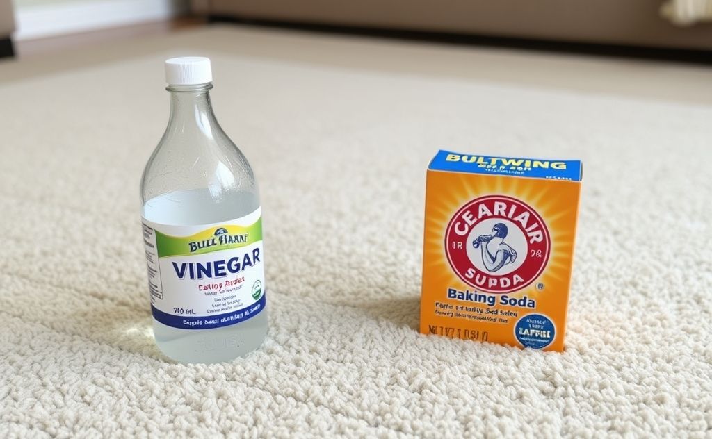 A bottle of vinegar and a box of baking soda on a clean carpet.