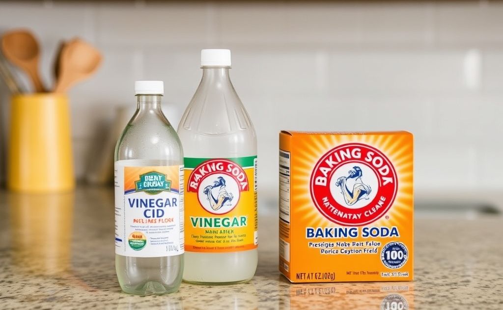 A bottle of vinegar and a box of baking soda on a kitchen counter.