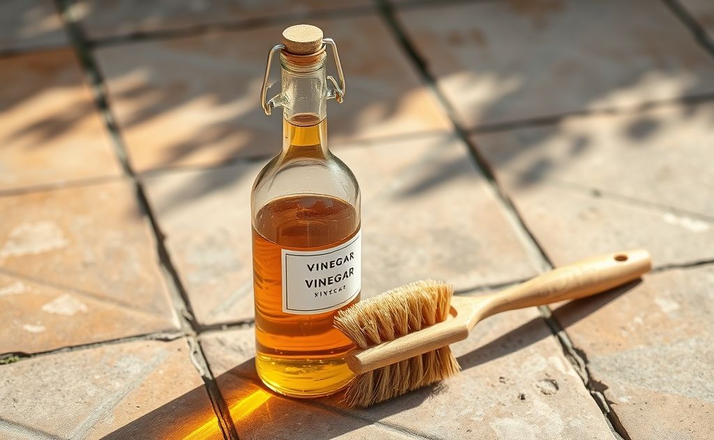 A bottle of vinegar and a scrub brush on a patio tile surface.