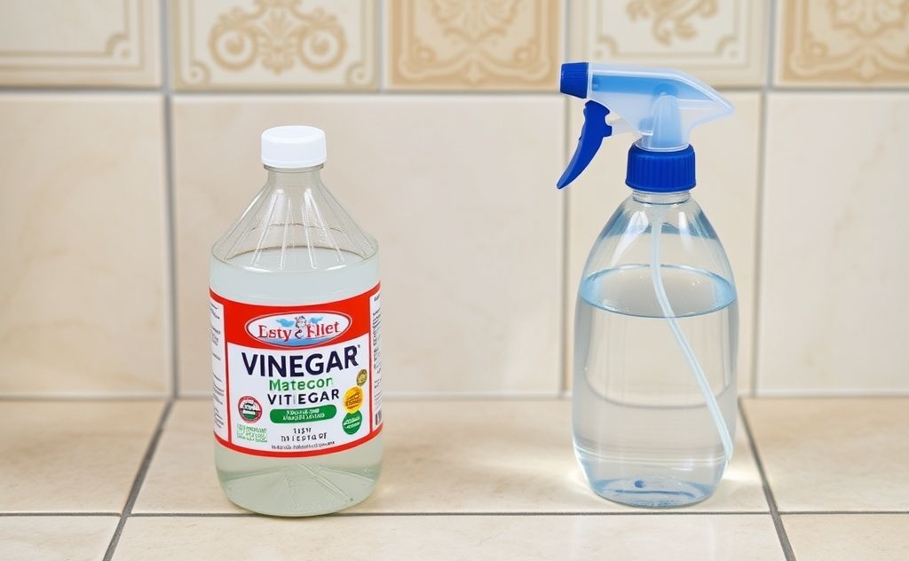 A bottle of vinegar and a spray bottle filled with water on tiles.