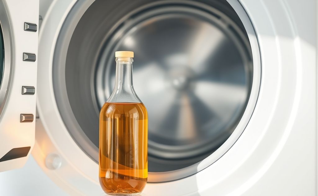 A bottle of vinegar beside a clean washing machine interior.