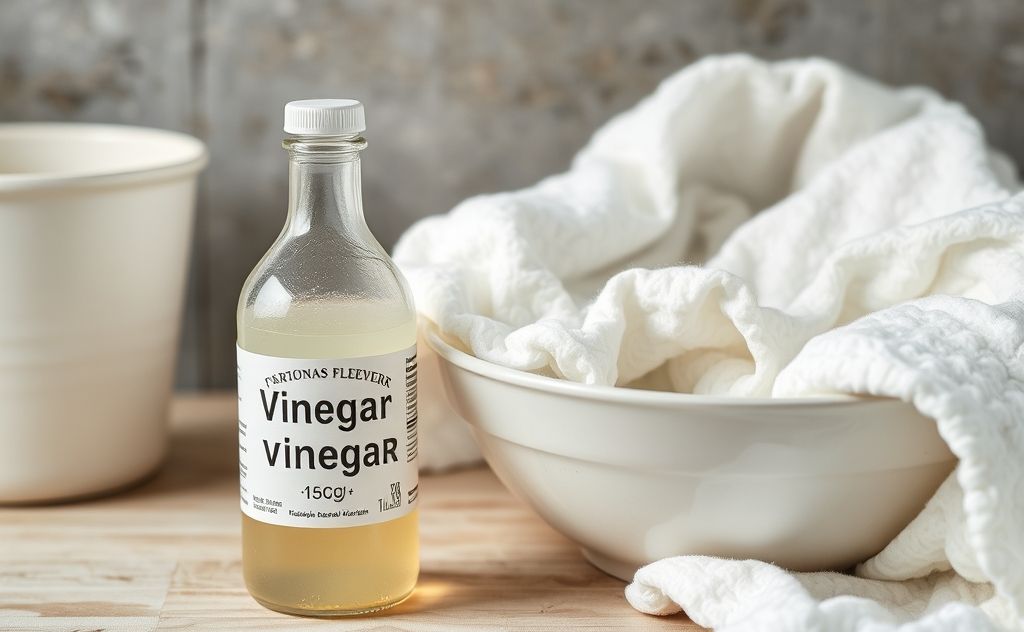 A bottle of vinegar next to a bowl of white laundry.
