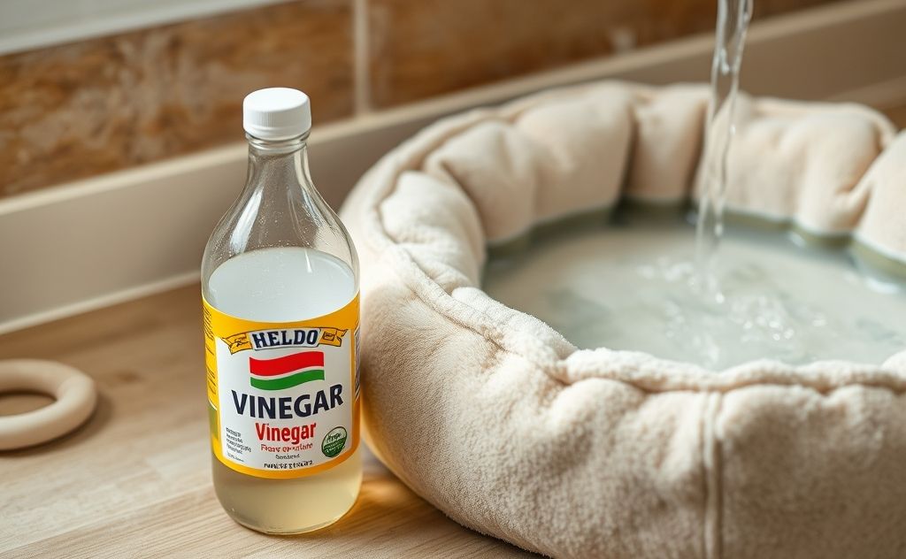 A bottle of vinegar next to a pet bed being soaked in water.