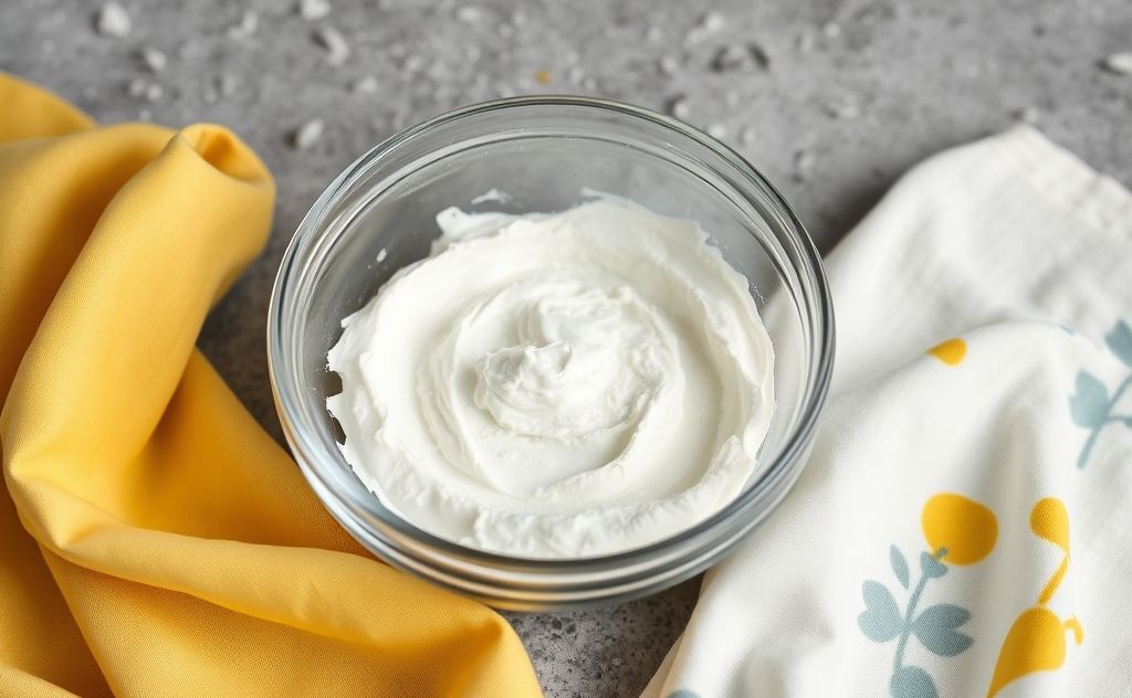 A bowl of baking soda paste with grease-stained fabric nearby.