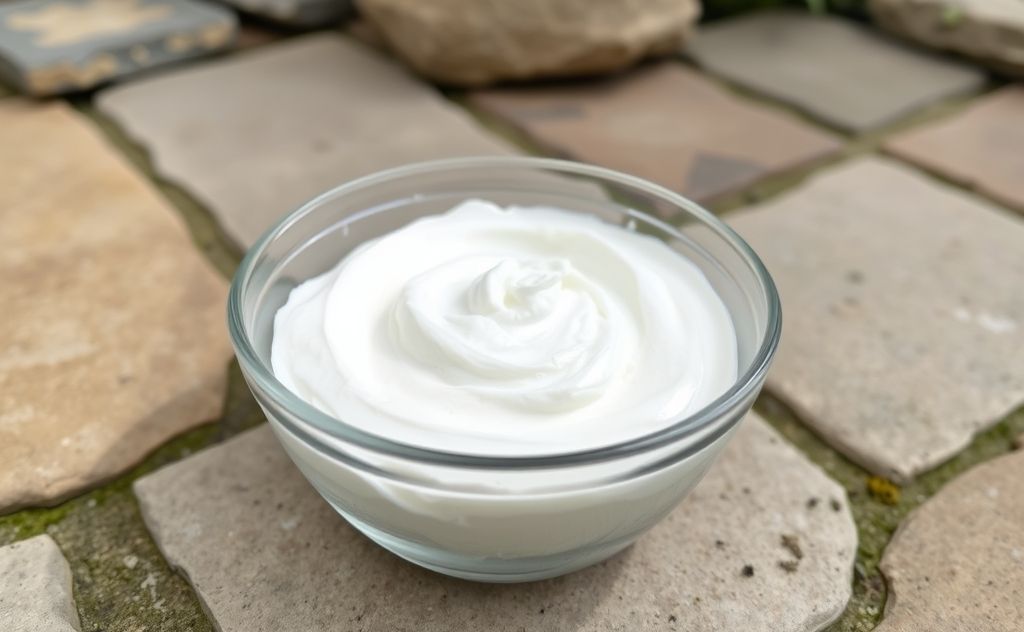 A bowl of baking soda paste with patio stones in the background.