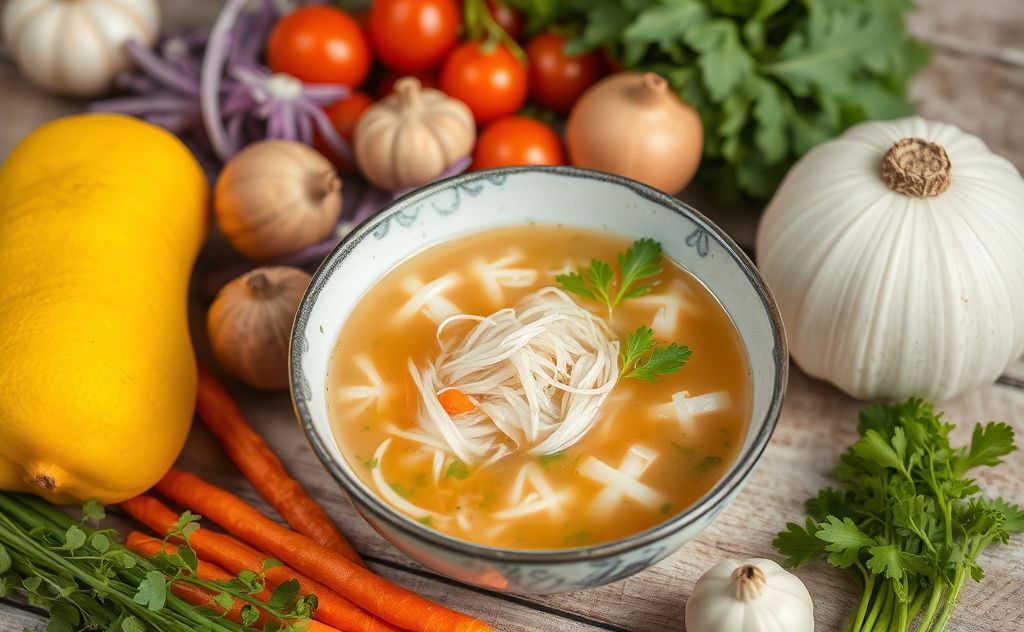 A bowl of bird nest soup surrounded by fresh ingredients.