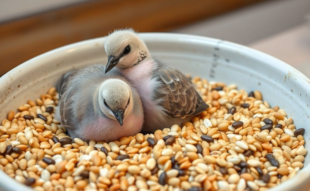 A bowl of nutritious seeds and grains for baby doves.