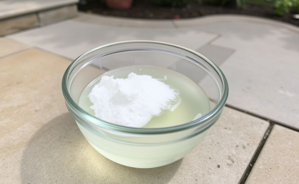 A bowl of vinegar and baking soda with a concrete patio in the background.
