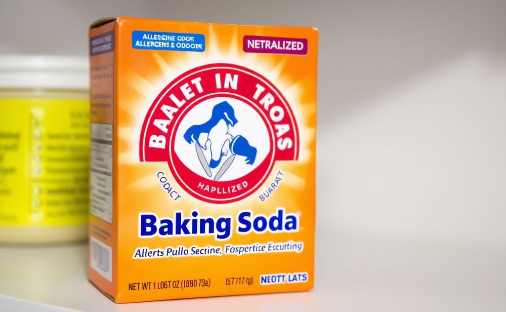 A box of baking soda with allergens and odors being neutralized.