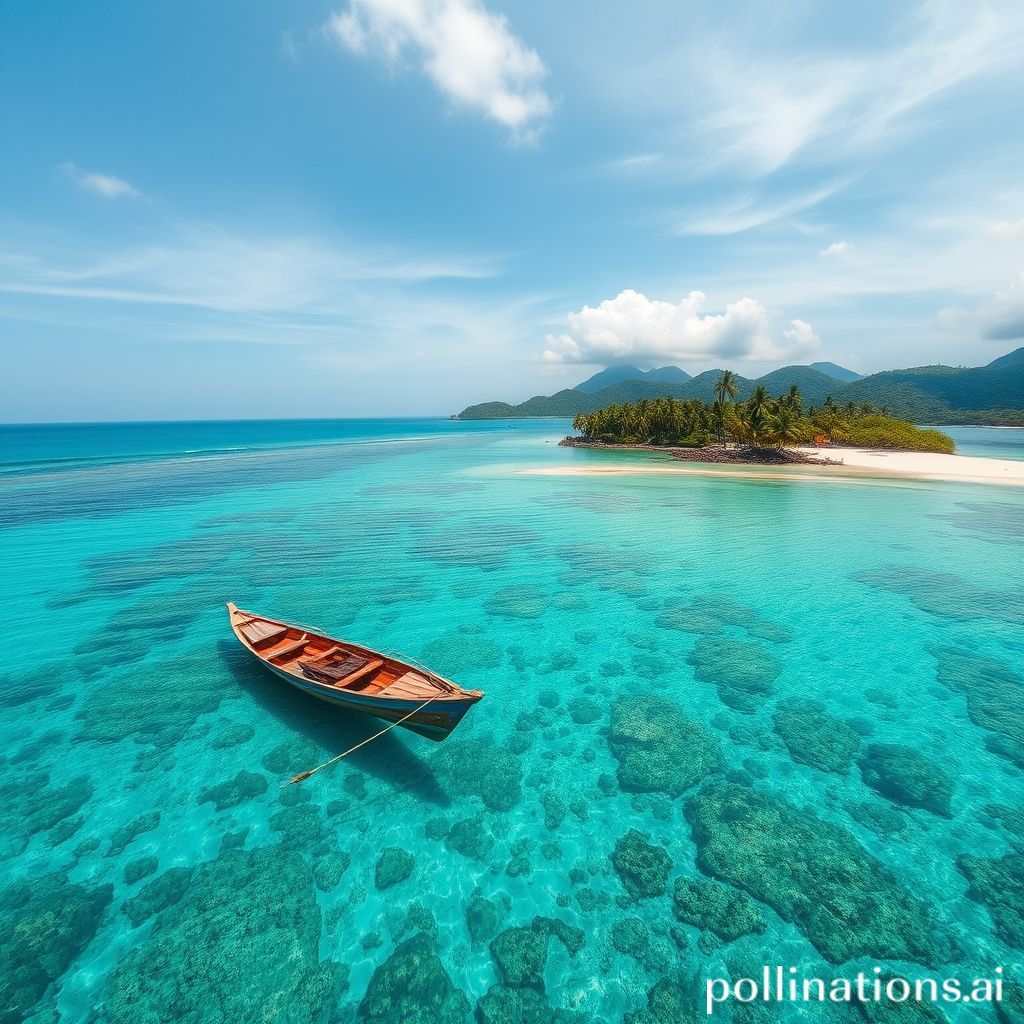 A breathtaking aerial view of a pristine tropical beach in Sabang, Pulau Weh, Indonesia. The clear turquoise water reveals vibrant coral reefs and diverse marine life beneath. In the foreground, a traditional wooden fishing boat (perahu) gently floats near the shore, while lush green hills and coconut trees line the background. The iconic Monumen Titik Nol Kilometer can be subtly seen on a nearby headland, under a bright, sunny sky with soft clouds. The overall scene conveys serenity, natural beauty, and the spirit of adventure.