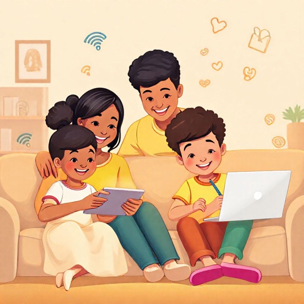 A bright and cheerful cartoon illustration depicting a diverse family (parents and two children of different ages) happily engaged with various digital devices in a home setting. The parents are gently guiding the children, one child is learning on a tablet, another is drawing on a laptop. There are subtle, friendly digital symbols (like wifi signals, speech bubbles, educational icons) floating around them, indicating safe and productive digital learning. The overall mood is positive, educational, and highlights responsible technology use.