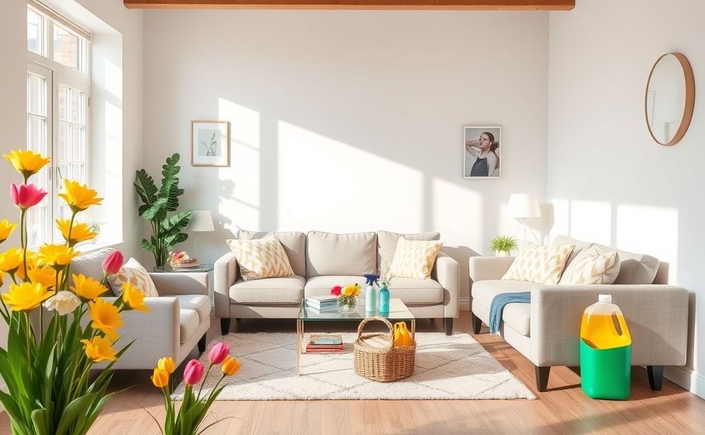A bright and tidy living room with spring flowers and cleaning supplies.