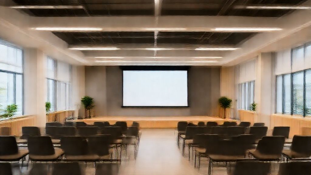 大きなスクリーンがある明るく近代的な公民館のホールの様子