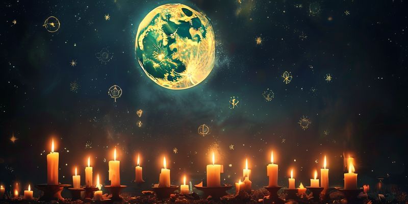 Görsel: Parlak bir dolunayın gece gökyüzünde parlaması, altında mistik semboller ve mumlar