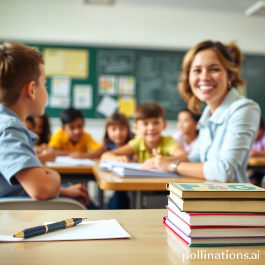 A bright, clean classroom scene with students actively engaged in learning, overseen by a smiling teacher. In the foreground, subtle elements like a pen, notebook, and a stack of books are present, symbolizing educational resources. In the background, school infrastructure (like a blackboard or smartboard) is visible. The overall mood is positive and productive, representing the effective use of school operational funds.