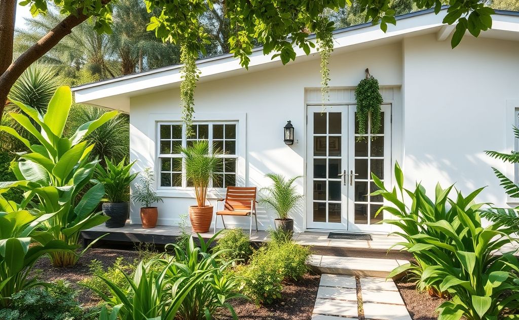 A bright, eco-friendly home surrounded by lush greenery and plants.