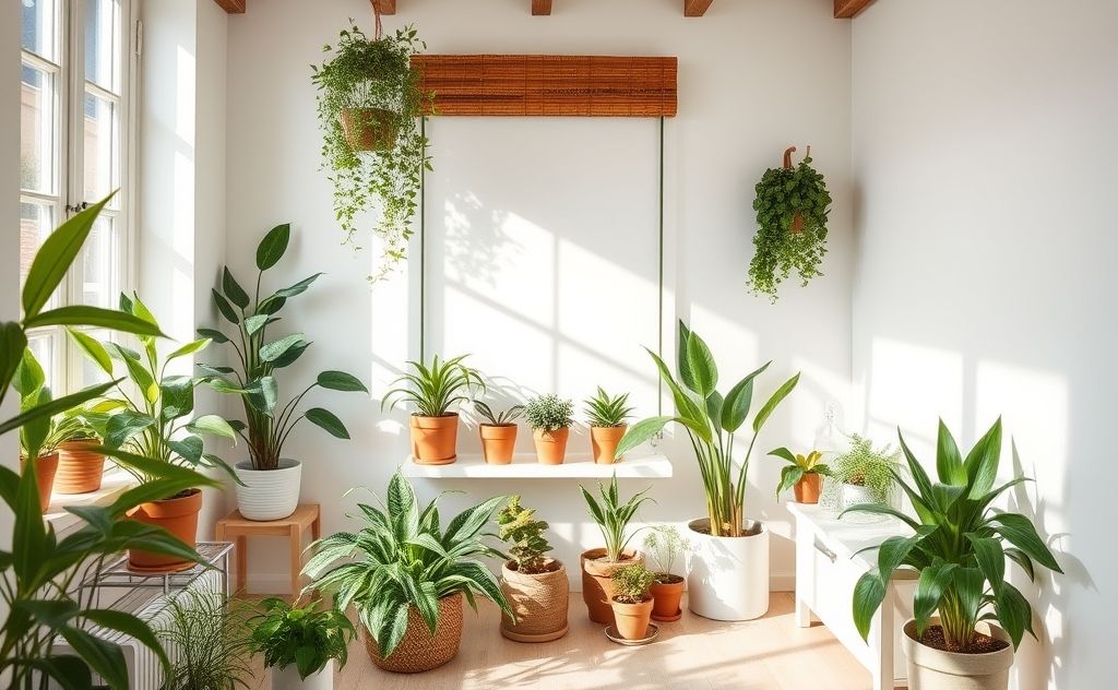 A bright, eco-friendly home with plants and natural cleaning supplies.