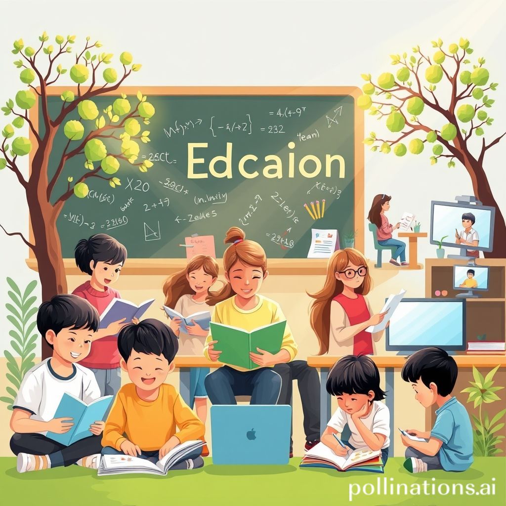 A bright, engaging image illustrating various facets of education. In the foreground, a diverse group of students (children and adults) are actively engaged in learning – some reading books, others collaborating on a project with a laptop, and one individual sketching ideas. The background subtly blends elements of a traditional classroom (chalkboard with equations) with modern learning environments (digital screens, a person attending an online lecture). Trees symbolizing growth and knowledge branch out, and subtle light rays illuminate the scene, conveying enlightenment and discovery. The overall mood is positive, collaborative, and inspiring, reflecting lifelong learning and holistic development.