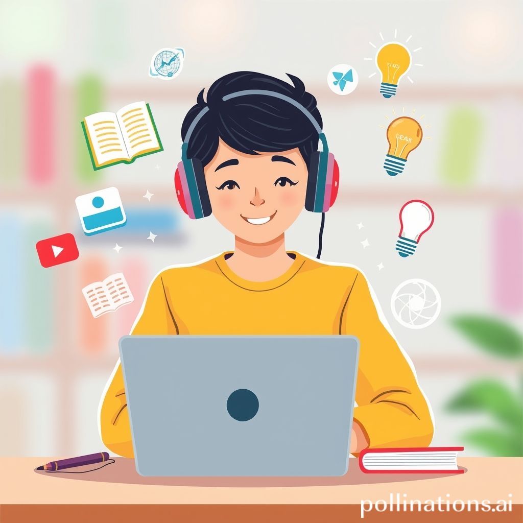 A bright, modern illustration of a student with headphones on, sitting at a desk with a laptop, surrounded by floating digital icons representing various online learning resources like books, video play buttons, network symbols, and a lightbulb for ideas. The background is softly blurred, suggesting a focused learning environment. The overall mood is positive and engaging.
