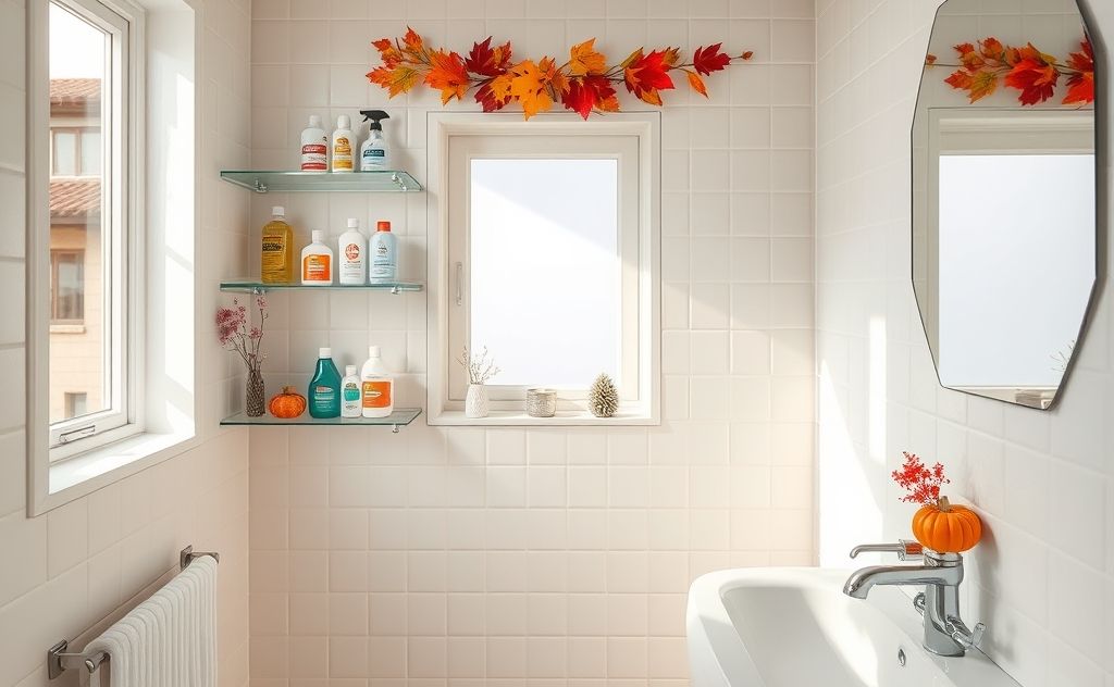 A bright, organized bathroom with cleaning supplies and seasonal decor.