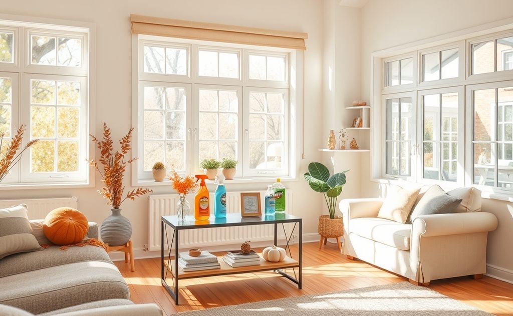A bright, organized living room with cleaning supplies and seasonal decor.