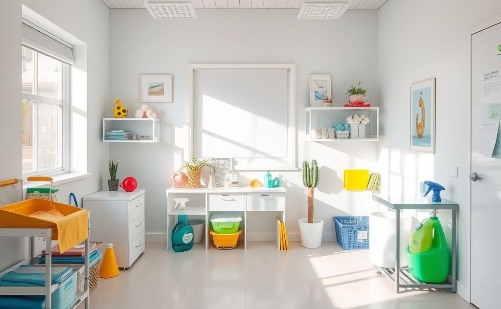 A bright, organized room with cleaning supplies and a cheerful atmosphere.