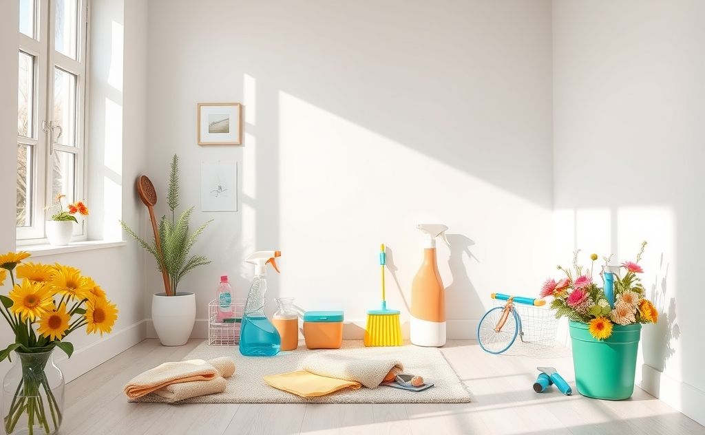A bright, organized room with cleaning tools and spring flowers.