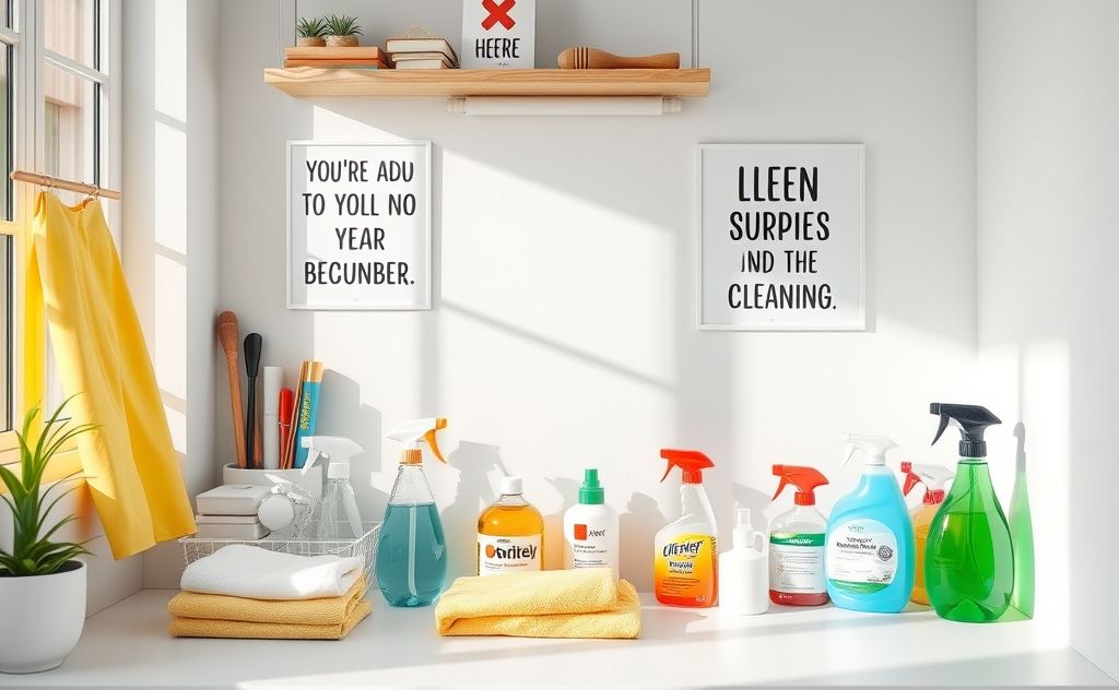 A bright, organized space with cleaning supplies and motivational quotes.