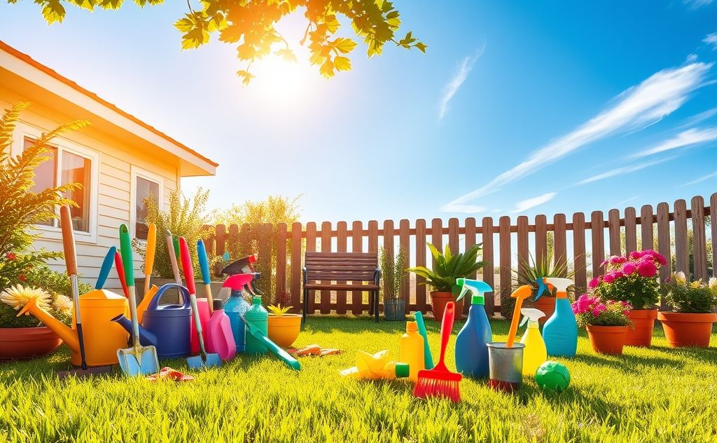 A bright, sunny backyard with gardening tools and cleaning supplies.