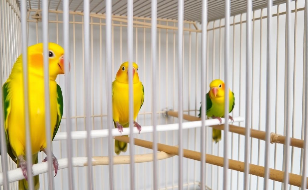 A brightly colored birdcage with birds perched on clean, organized perches.