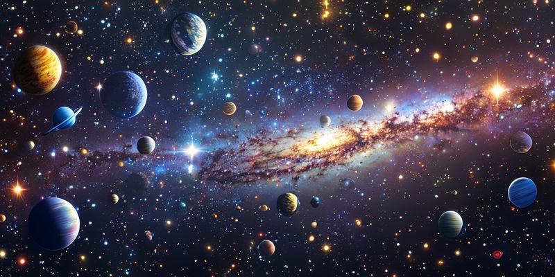 Bir galaksinin yıldızlar ve gezegenlerle dolu parlak bir manzarası.