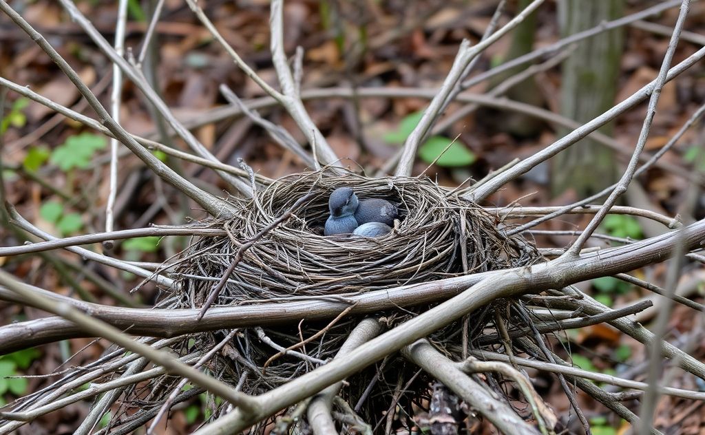 A broken bird nest among fallen branches in a forest setting.