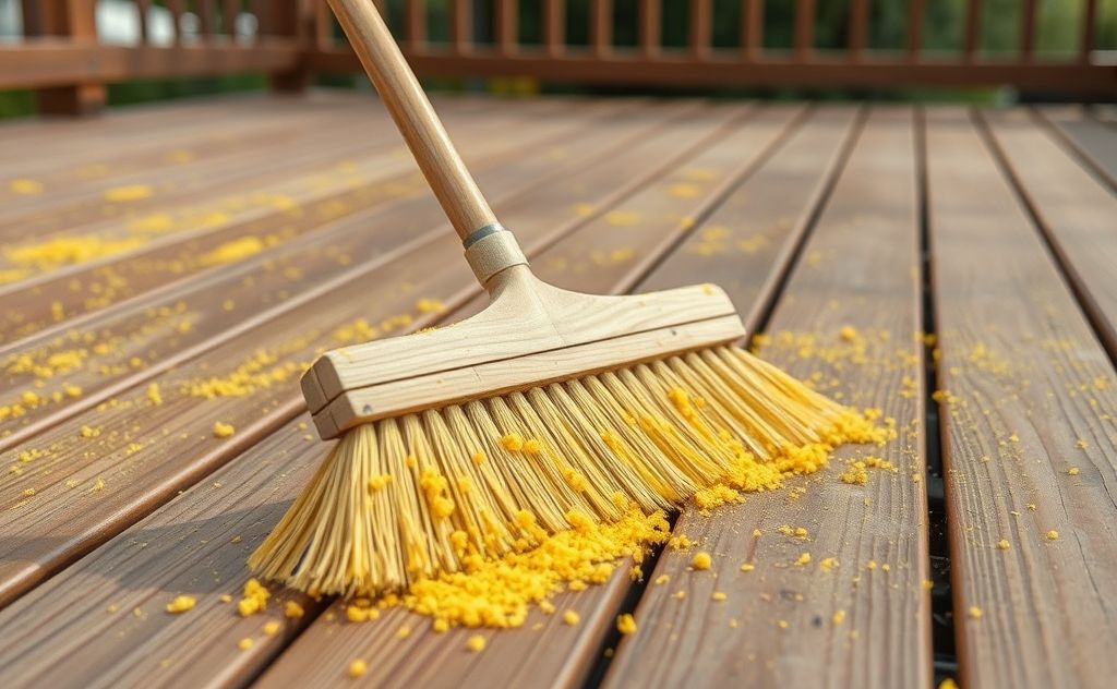 A broom sweeping pollen off a wooden outdoor deck.