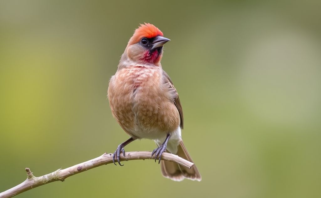 A brown bird with a red head perched on a branch.