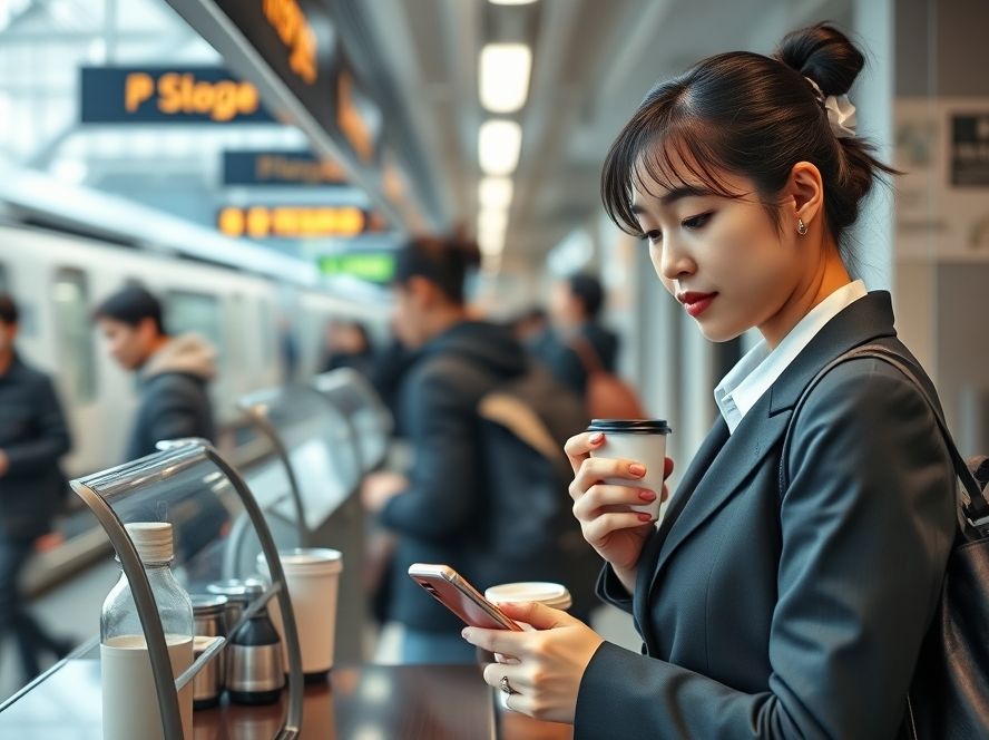 바쁜 직장인이 출퇴근길에 상생페이백으로 간편하게 결제하는 모습.